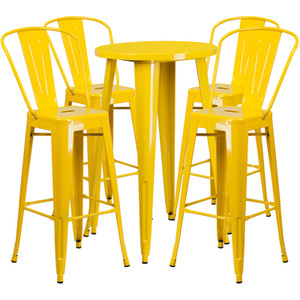 Commercial Grade 24" Round Yellow Metal Indoor-Outdoor Bar Table Set with 4 Cafe Stools Commercial Grade 24" Round Yellow Metal Indoor-Outdoor Bar Table Set with 4 Cafe Stools