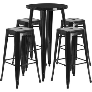Commercial Grade 24" Round Black Metal Indoor-Outdoor Bar Table Set with 4 Square Seat Backless Stools Commercial Grade 24" Round Black Metal Indoor-Outdoor Bar Table Set with 4 Square Seat Backless Stools