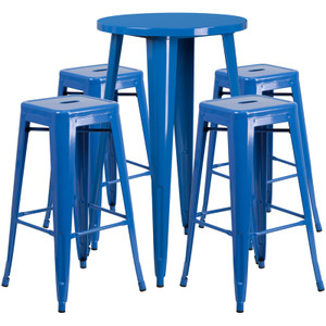 Commercial Grade 24" Round Blue Metal Indoor-Outdoor Bar Table Set with 4 Square Seat Backless Stools Commercial Grade 24" Round Blue Metal Indoor-Outdoor Bar Table Set with 4 Square Seat Backless Stools