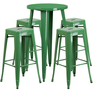 24'' Round Green Metal Indoor-Outdoor Bar Table Set with 4 Square Seat Backless Stools 24'' Round Green Metal Indoor-Outdoor Bar Table Set with 4 Square Seat Backless Stools