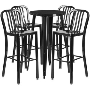 Commercial Grade 24" Round Black Metal Indoor-Outdoor Bar Table Set with 4 Vertical Slat Back Stools Commercial Grade 24" Round Black Metal Indoor-Outdoor Bar Table Set with 4 Vertical Slat Back Stools