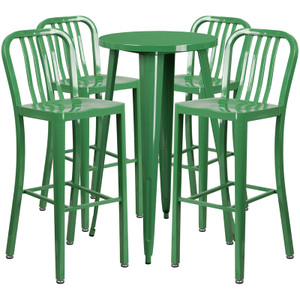 24'' Round Green Metal Indoor-Outdoor Bar Table Set with 4 Vertical Slat Back Stools 24'' Round Green Metal Indoor-Outdoor Bar Table Set with 4 Vertical Slat Back Stools