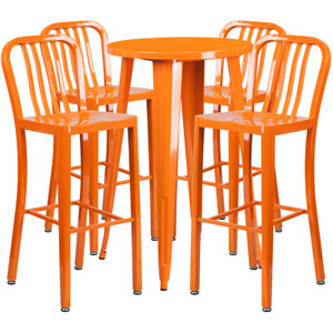 Commercial Grade 24" Round Orange Metal Indoor-Outdoor Bar Table Set with 4 Vertical Slat Back Stools Commercial Grade 24" Round Orange Metal Indoor-Outdoor Bar Table Set with 4 Vertical Slat Back Stools