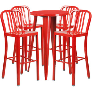Commercial Grade 24" Round Red Metal Indoor-Outdoor Bar Table Set with 4 Vertical Slat Back Stools Commercial Grade 24" Round Red Metal Indoor-Outdoor Bar Table Set with 4 Vertical Slat Back Stools