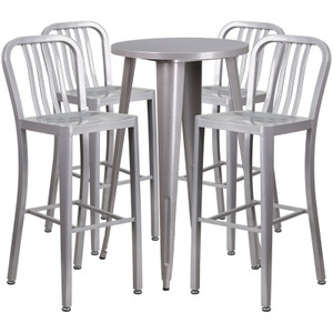 24'' Round Silver Metal Indoor-Outdoor Bar Table Set with 4 Vertical Slat Back Stools 24'' Round Silver Metal Indoor-Outdoor Bar Table Set with 4 Vertical Slat Back Stools