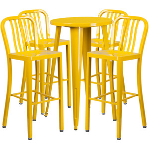 Commercial Grade 24" Round Yellow Metal Indoor-Outdoor Bar Table Set with 4 Vertical Slat Back Stools Commercial Grade 24" Round Yellow Metal Indoor-Outdoor Bar Table Set with 4 Vertical Slat Back Stools
