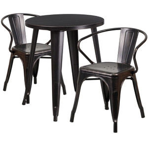 Commercial Grade 24" Round Black-Antique Gold Metal Indoor-Outdoor Table Set with 2 Arm Chairs Commercial Grade 24" Round Black-Antique Gold Metal Indoor-Outdoor Table Set with 2 Arm Chairs