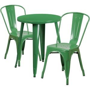 Commercial Grade 24" Round Green Metal Indoor-Outdoor Table Set with 2 Cafe Chairs Commercial Grade 24" Round Green Metal Indoor-Outdoor Table Set with 2 Cafe Chairs
