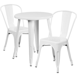 Commercial Grade 24" Round White Metal Indoor-Outdoor Table Set with 2 Cafe Chairs Commercial Grade 24" Round White Metal Indoor-Outdoor Table Set with 2 Cafe Chairs