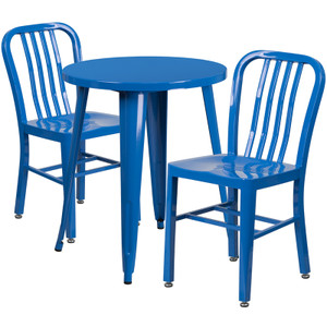 Commercial Grade 24" Round Blue Metal Indoor-Outdoor Table Set with 2 Vertical Slat Back Chairs Commercial Grade 24" Round Blue Metal Indoor-Outdoor Table Set with 2 Vertical Slat Back Chairs