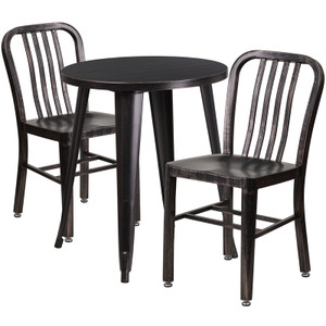 Commercial Grade 24" Round Black-Antique Gold Metal Indoor-Outdoor Table Set with 2 Vertical Slat Back Chairs Commercial Grade 24" Round Black-Antique Gold Metal Indoor-Outdoor Table Set with 2 Vertical Slat Back Chairs