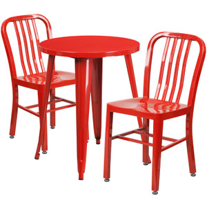 Commercial Grade 24" Round Red Metal Indoor-Outdoor Table Set with 2 Vertical Slat Back Chairs Commercial Grade 24" Round Red Metal Indoor-Outdoor Table Set with 2 Vertical Slat Back Chairs