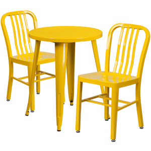 Commercial Grade 24" Round Yellow Metal Indoor-Outdoor Table Set with 2 Vertical Slat Back Chairs Commercial Grade 24" Round Yellow Metal Indoor-Outdoor Table Set with 2 Vertical Slat Back Chairs