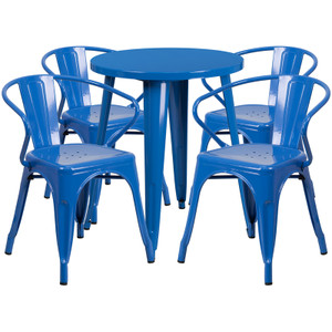 Commercial Grade 24" Round Blue Metal Indoor-Outdoor Table Set with 4 Arm Chairs Commercial Grade 24" Round Blue Metal Indoor-Outdoor Table Set with 4 Arm Chairs