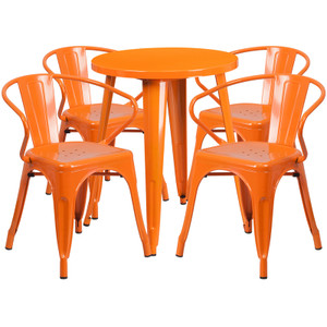 Commercial Grade 24" Round Orange Metal Indoor-Outdoor Table Set with 4 Arm Chairs Commercial Grade 24" Round Orange Metal Indoor-Outdoor Table Set with 4 Arm Chairs