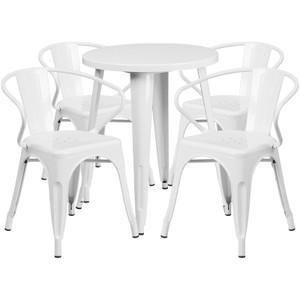Commercial Grade 24" Round White Metal Indoor-Outdoor Table Set with 4 Arm Chairs Commercial Grade 24" Round White Metal Indoor-Outdoor Table Set with 4 Arm Chairs