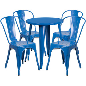 Commercial Grade 24" Round Blue Metal Indoor-Outdoor Table Set with 4 Cafe Chairs Commercial Grade 24" Round Blue Metal Indoor-Outdoor Table Set with 4 Cafe Chairs