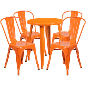 Commercial Grade 24" Round Orange Metal Indoor-Outdoor Table Set with 4 Cafe Chairs Commercial Grade 24" Round Orange Metal Indoor-Outdoor Table Set with 4 Cafe Chairs