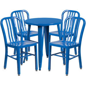 Commercial Grade 24" Round Blue Metal Indoor-Outdoor Table Set with 4 Vertical Slat Back Chairs Commercial Grade 24" Round Blue Metal Indoor-Outdoor Table Set with 4 Vertical Slat Back Chairs