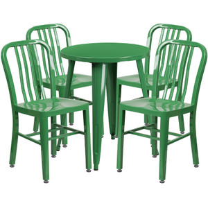 Commercial Grade 24" Round Green Metal Indoor-Outdoor Table Set with 4 Vertical Slat Back Chairs Commercial Grade 24" Round Green Metal Indoor-Outdoor Table Set with 4 Vertical Slat Back Chairs