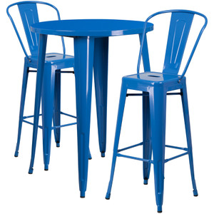 Commercial Grade 30" Round Blue Metal Indoor-Outdoor Bar Table Set with 2 Cafe Stools Commercial Grade 30" Round Blue Metal Indoor-Outdoor Bar Table Set with 2 Cafe Stools