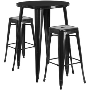 Commercial Grade 30" Round Black Metal Indoor-Outdoor Bar Table Set with 2 Square Seat Backless Stools Commercial Grade 30" Round Black Metal Indoor-Outdoor Bar Table Set with 2 Square Seat Backless Stools