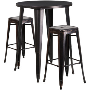Commercial Grade 30" Round Black-Antique Gold Metal Indoor-Outdoor Bar Table Set with 2 Square Seat Backless Stools Commercial Grade 30" Round Black-Antique Gold Metal Indoor-Outdoor Bar Table Set with 2 Square Seat Backless Stools