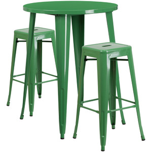 Commercial Grade 30" Round Green Metal Indoor-Outdoor Bar Table Set with 2 Square Seat Backless Stools Commercial Grade 30" Round Green Metal Indoor-Outdoor Bar Table Set with 2 Square Seat Backless Stools