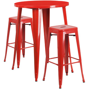Commercial Grade 30" Round Red Metal Indoor-Outdoor Bar Table Set with 2 Square Seat Backless Stools Commercial Grade 30" Round Red Metal Indoor-Outdoor Bar Table Set with 2 Square Seat Backless Stools