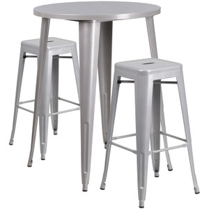 30'' Round Silver Metal Indoor-Outdoor Bar Table Set with 2 Square Seat Backless Stools 30'' Round Silver Metal Indoor-Outdoor Bar Table Set with 2 Square Seat Backless Stools