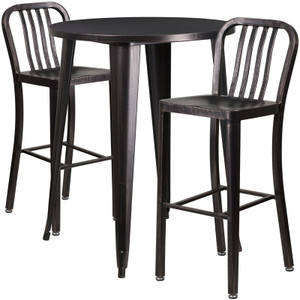 Commercial Grade 30" Round Black-Antique Gold Metal Indoor-Outdoor Bar Table Set with 2 Vertical Slat Back Stools Commercial Grade 30" Round Black-Antique Gold Metal Indoor-Outdoor Bar Table Set with 2 Vertical Slat Back Stools
