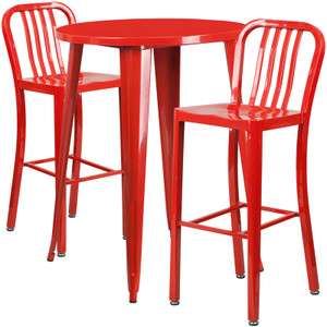 Commercial Grade 30" Round Red Metal Indoor-Outdoor Bar Table Set with 2 Vertical Slat Back Stools Commercial Grade 30" Round Red Metal Indoor-Outdoor Bar Table Set with 2 Vertical Slat Back Stools