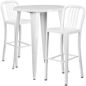 Commercial Grade 30" Round White Metal Indoor-Outdoor Bar Table Set with 2 Vertical Slat Back Stools Commercial Grade 30" Round White Metal Indoor-Outdoor Bar Table Set with 2 Vertical Slat Back Stools