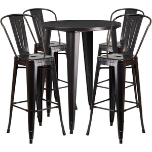 Commercial Grade 30" Round Black-Antique Gold Metal Indoor-Outdoor Bar Table Set with 4 Cafe Stools Commercial Grade 30" Round Black-Antique Gold Metal Indoor-Outdoor Bar Table Set with 4 Cafe Stools