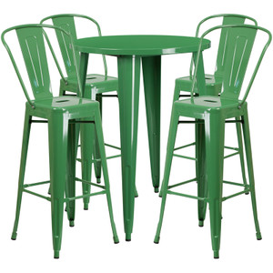 Commercial Grade 30" Round Green Metal Indoor-Outdoor Bar Table Set with 4 Cafe Stools Commercial Grade 30" Round Green Metal Indoor-Outdoor Bar Table Set with 4 Cafe Stools