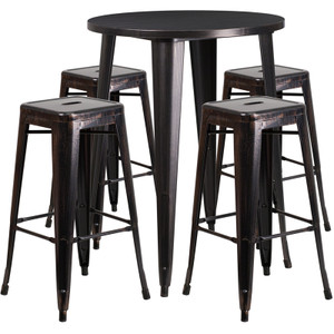Commercial Grade 30" Round Black-Antique Gold Metal Indoor-Outdoor Bar Table Set with 4 Square Seat Backless Stools Commercial Grade 30" Round Black-Antique Gold Metal Indoor-Outdoor Bar Table Set with 4 Square Seat Backless Stools