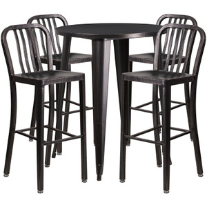 Commercial Grade 30" Round Black-Antique Gold Metal Indoor-Outdoor Bar Table Set with 4 Vertical Slat Back Stools Commercial Grade 30" Round Black-Antique Gold Metal Indoor-Outdoor Bar Table Set with 4 Vertical Slat Back Stools