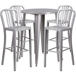 30'' Round Silver Metal Indoor-Outdoor Bar Table Set with 4 Vertical Slat Back Stools 30'' Round Silver Metal Indoor-Outdoor Bar Table Set with 4 Vertical Slat Back Stools