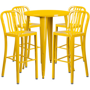 Commercial Grade 30" Round Yellow Metal Indoor-Outdoor Bar Table Set with 4 Vertical Slat Back Stools Commercial Grade 30" Round Yellow Metal Indoor-Outdoor Bar Table Set with 4 Vertical Slat Back Stools