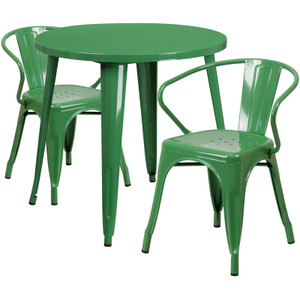 Commercial Grade 30" Round Green Metal Indoor-Outdoor Table Set with 2 Arm Chairs Commercial Grade 30" Round Green Metal Indoor-Outdoor Table Set with 2 Arm Chairs