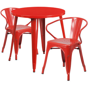 Commercial Grade 30" Round Red Metal Indoor-Outdoor Table Set with 2 Arm Chairs Commercial Grade 30" Round Red Metal Indoor-Outdoor Table Set with 2 Arm Chairs