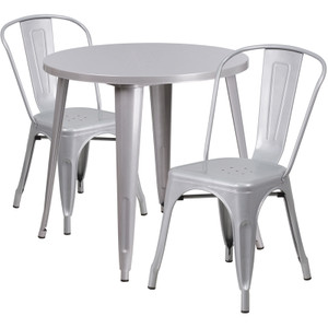30'' Round Silver Metal Indoor-Outdoor Table Set with 2 Cafe Chairs 30'' Round Silver Metal Indoor-Outdoor Table Set with 2 Cafe Chairs