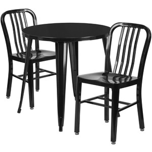 Commercial Grade 30" Round Black Metal Indoor-Outdoor Table Set with 2 Vertical Slat Back Chairs Commercial Grade 30" Round Black Metal Indoor-Outdoor Table Set with 2 Vertical Slat Back Chairs