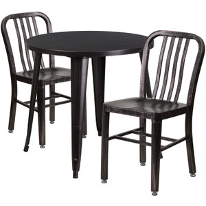 Commercial Grade 30" Round Black-Antique Gold Metal Indoor-Outdoor Table Set with 2 Vertical Slat Back Chairs Commercial Grade 30" Round Black-Antique Gold Metal Indoor-Outdoor Table Set with 2 Vertical Slat Back Chairs