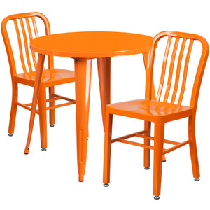 Commercial Grade 30" Round Orange Metal Indoor-Outdoor Table Set with 2 Vertical Slat Back Chairs Commercial Grade 30" Round Orange Metal Indoor-Outdoor Table Set with 2 Vertical Slat Back Chairs