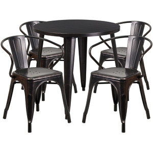 Commercial Grade 30" Round Black-Antique Gold Metal Indoor-Outdoor Table Set with 4 Arm Chairs Commercial Grade 30" Round Black-Antique Gold Metal Indoor-Outdoor Table Set with 4 Arm Chairs