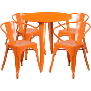 Commercial Grade 30" Round Orange Metal Indoor-Outdoor Table Set with 4 Arm Chairs Commercial Grade 30" Round Orange Metal Indoor-Outdoor Table Set with 4 Arm Chairs