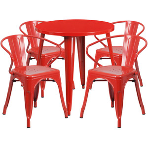 Commercial Grade 30" Round Red Metal Indoor-Outdoor Table Set with 4 Arm Chairs Commercial Grade 30" Round Red Metal Indoor-Outdoor Table Set with 4 Arm Chairs