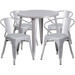 30'' Round Silver Metal Indoor-Outdoor Table Set with 4 Arm Chairs 30'' Round Silver Metal Indoor-Outdoor Table Set with 4 Arm Chairs