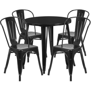 Commercial Grade 30" Round Black Metal Indoor-Outdoor Table Set with 4 Cafe Chairs Commercial Grade 30" Round Black Metal Indoor-Outdoor Table Set with 4 Cafe Chairs
